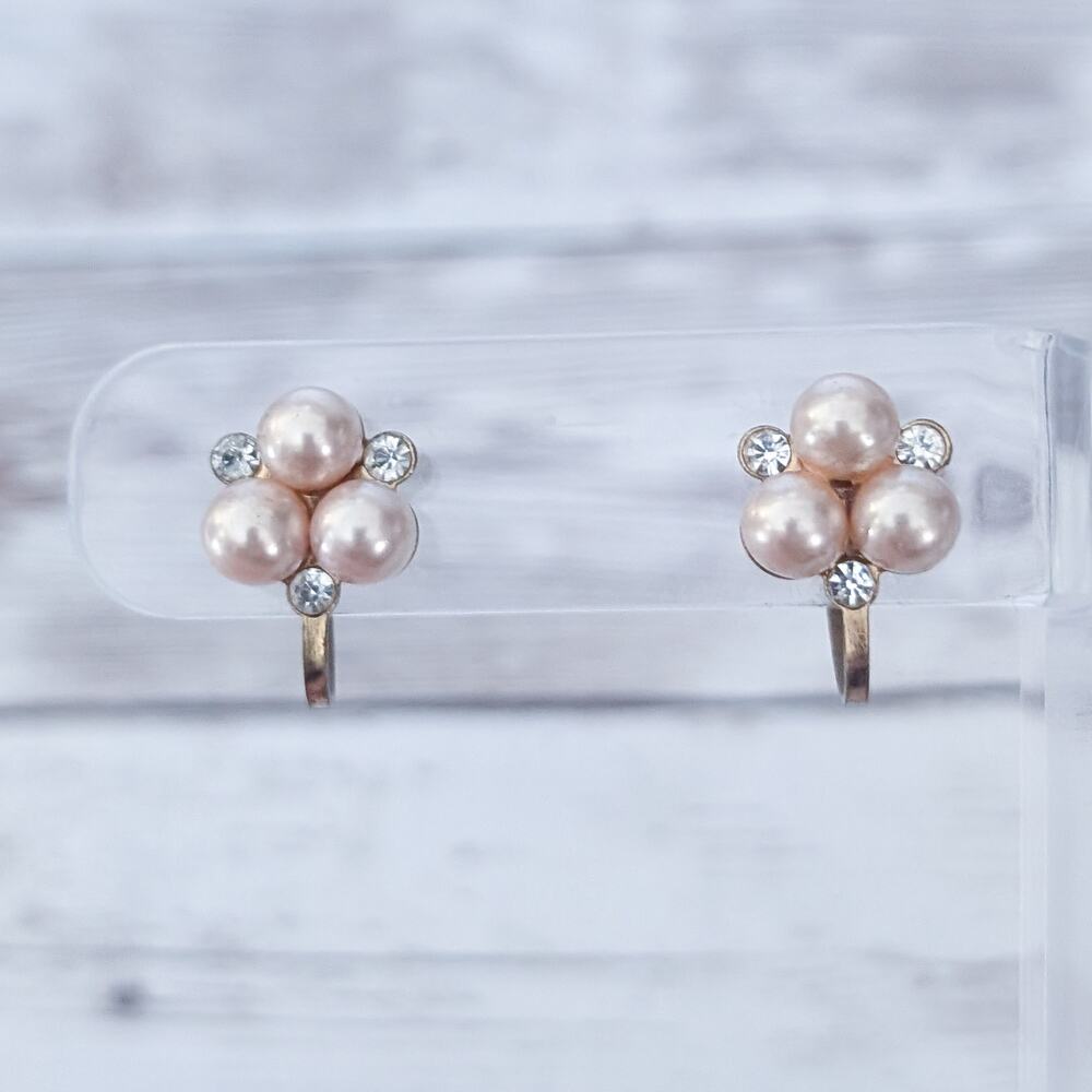 Vintage Screw Back Earrings Dainty Faux Pearl & Clear Gem Trio 0.5"